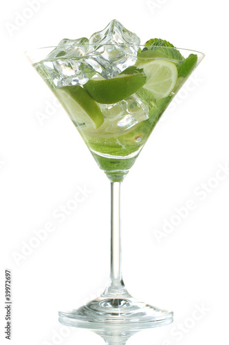 Photo: glass of cocktail with lime and mint isolated on white glass of cocktail with lime and mint isolated on white