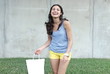 Pretty woman in slow motion with positive hand signs