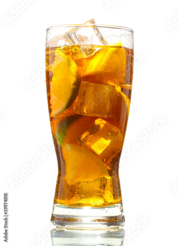 Photo: Iced tea with lemon and lime isolated on white Iced tea with lemon and lime isolated on white