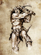 Sketch of tattoo art, warrior fighting with big axe