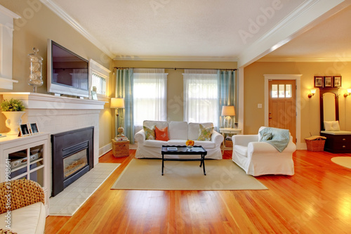 Photo: Beautiful white, blue and beige living room. Beautiful white, blue and beige living room.