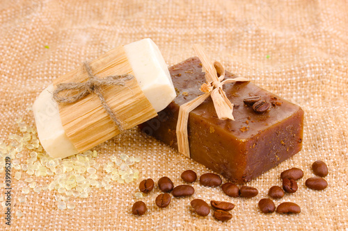 Photo: Hand-made soaps on sackcloth Hand-made soaps on sackcloth
