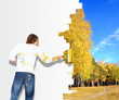 Young man with paint brush and nature landscape Young man with paint brush and nature landscape