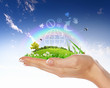 Human hand holding a green landscape Human hand holding a green landscape