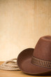 brown cowboy hat and rope on wood