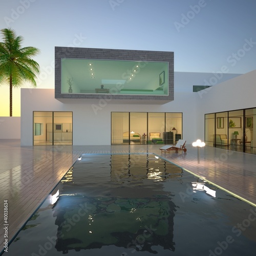 Illustration: Villa and Pool in the Evening Villa and Pool in the Evening