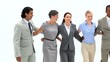 Smiling business people walking