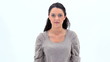 Surprised woman raising her arms
