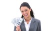 Businesswoman holding American banknotes is smiling