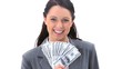 Businesswoman with US banknotes in her hand