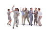 Group of business people jumping with money falling from the air