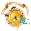 Three bees, honeycombs, ribbon and cornflowers