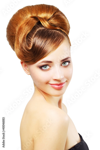 Photo: Beautiful girl with retro hairstyle isolated on white Beautiful girl with retro hairstyle isolated on white