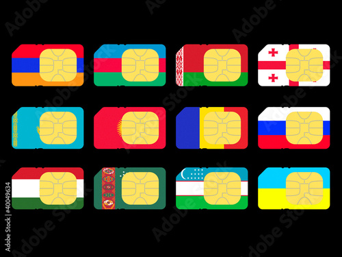 Illustration: SIM cards represented as flags of countries from CIS SIM cards represented as flags of countries from CIS