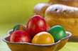 Easter eggs and cake in the background