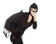 female thief in black balaclava with stolen rucksack