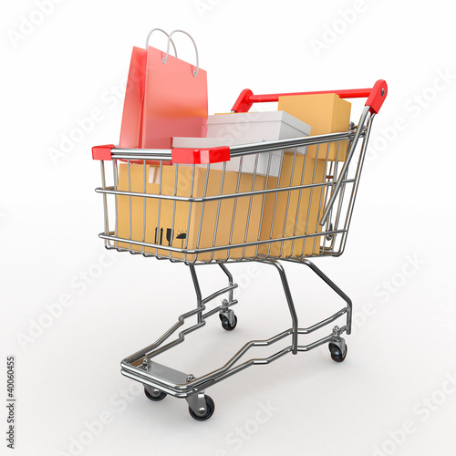 Illustration: Gift buying. Shopping cart full of boxes Gift buying. Shopping cart full of boxes