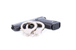 gun and steel handcuffs lying on the white background