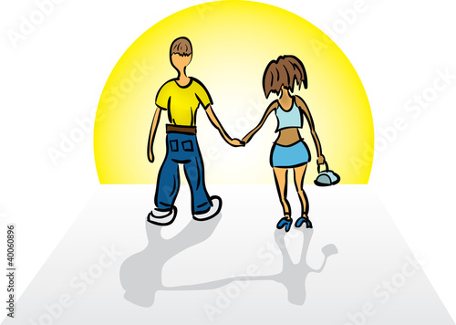 Vector: Young couple walking hand in hand in the sun Young couple walking hand in hand in the sun