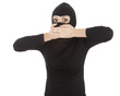 female thief in black clothes covering mouth, white background
