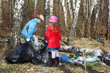 Brother and sister with black bags collect last year trash