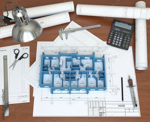 Illustration: 3D model floor of the house on the desktop architect 3D model floor of the house on the desktop architect