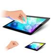 Man hand is touching tablet pc to make gesture. Variant on white