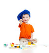 adorable artist child with color paints isolated on white