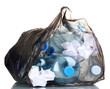 open black garbage bag with trash isolated on white