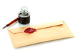 ink pen, inkwell and old letter isolated on white.