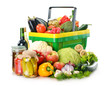 Plastic shopping basket and grocery isolated on white Plastic shopping basket and grocery isolated on white