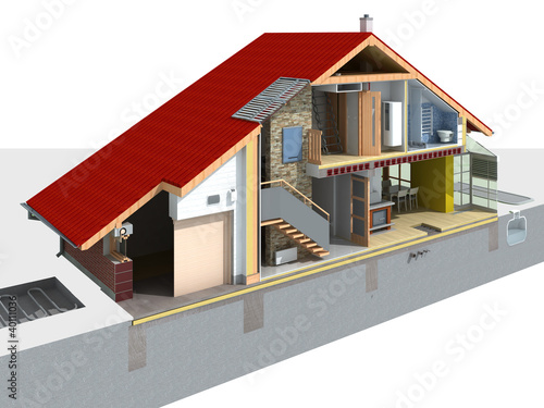 Illustration: Detailed rendering of a traditional house in the section Detailed rendering of a traditional house in the section