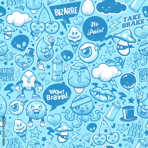 Vector: Graffiti seamless texture with bizarre elements and characters. Graffiti seamless texture with bizarre elements and characters.