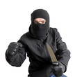 Foto: Masked criminal holding a knife, isolated on white Masked criminal holding a knife, isolated on white