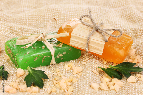 Photo: Hand-made natural soaps on sackcloth Hand-made natural soaps on sackcloth