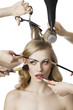 in beauty salon, the girl looks up at right