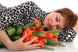 woman and tulips , isolated.