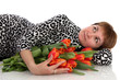 woman and tulips , isolated.