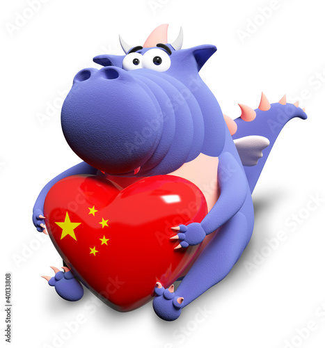 Illustration: Blue dragon and big heart with Chinese flag, isolated on white Blue dragon and big heart with Chinese flag, isolated on white