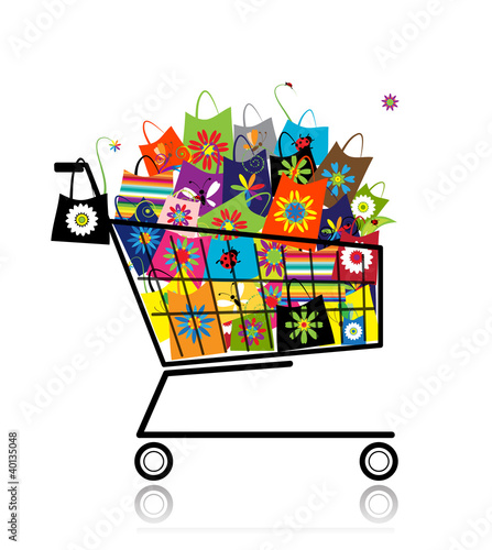 Vector: Supermarket cart with shopping bags for your design Supermarket cart with shopping bags for your design
