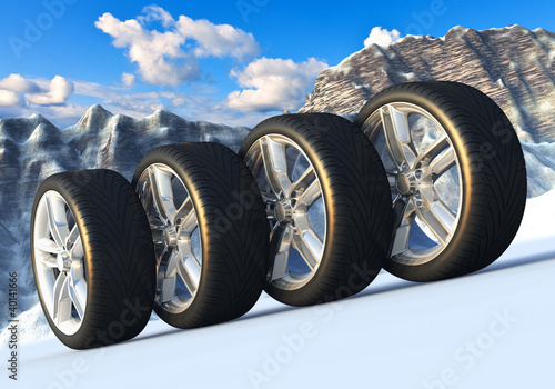 Illustration: Set of car wheels in snowy mountains Set of car wheels in snowy mountains
