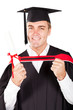 happy male graduate on white background