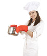 female cook in uniform, hat, red kitchen gloves with steel pot female cook in uniform, hat, red kitchen gloves with steel pot