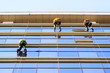 Three washers wash the windows of modern skyscraper