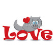 Cat with the heart on the red word 