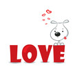 Funny dog sitting on the red word 