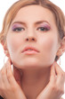 young caucasian woman with face makeup and hands lifted isolated