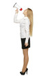 Side view full length of young business woman with megaphone