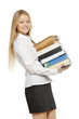 Portrait of young female holding heavy stack of books