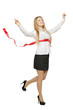 Photo: Full length of businesswoman crossing finishing line Full length of businesswoman crossing finishing line